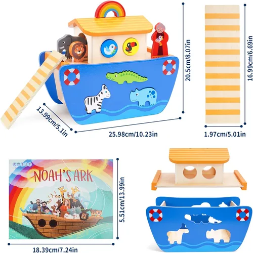 Miniatura 4 de KMTJT Juego de animales de juguete de madera del arca de Noé para niños pequeños, regalos de bautismo para niños de 1, 2, 3, clasificador de formas