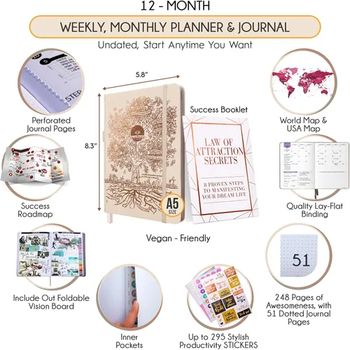 Miniatura 2 de Planificador de Vida - Agenda Semanal y Mensual Sin Fecha, Viaje de 12 Meses para Aumentar la Productividad Diario de Gratitud, Organizador