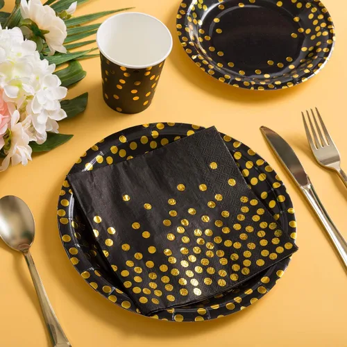 Miniatura 2 de HOMIX 350 piezas de platos y servilletas negros y dorados, sirve 50 platos de papel desechables, servilletas, vasos, cubiertos para decoraciones