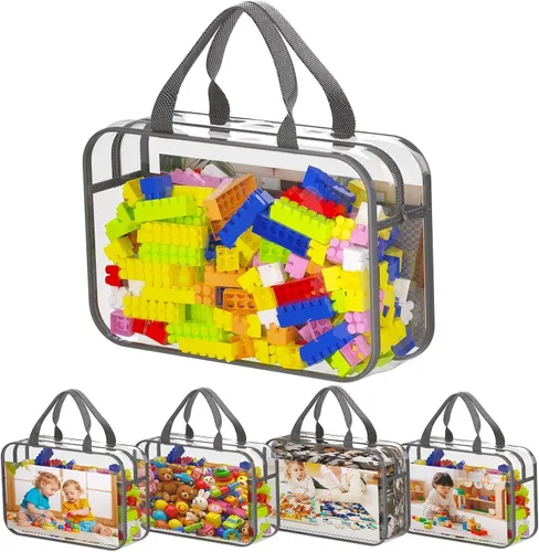 Juego de 4 bolsas de almacenamiento de juguetes con cremallera para niños y niñas, bolsas organizadoras grandes de PVC con bolsillos laterales de
