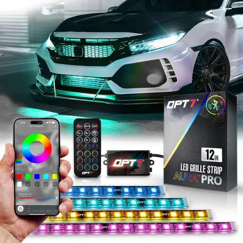 OPT7 Aura PRO - Kit de iluminación LED Bluetooth de 4 piezas para rejilla | Tiras multicolor de 12 pulgadas con SoundSync - Valencia de parrilla