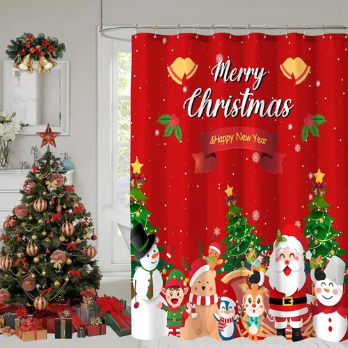 Red Santa Claus Snowman Merry Christmas Happy New Year Shower Curtain for Bathroom, Holiday Xmas Bath Home Decor 72x72 Inch