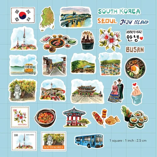Miniatura 2 de Navy Peony Calcomanías de viaje escénicas de Corea del Sur (30 unidades), ilustradas a mano, Seúl, calcomanías coreanas para diarios, álbumes