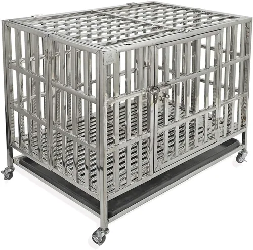 Jaula grande para perros resistente, jaula de acero inoxidable para perros, indestructible, con ruedas enrollables, puerta doble, bandeja extraíble