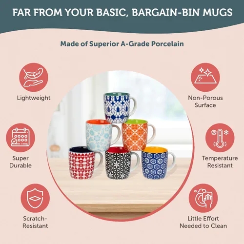 Miniatura 5 de Annovero Tazas de café pequeñas, capacidad de 11.7 onzas, tazas de cocina de porcelana para té, latte, capuchino o cacao caliente, juego de 6