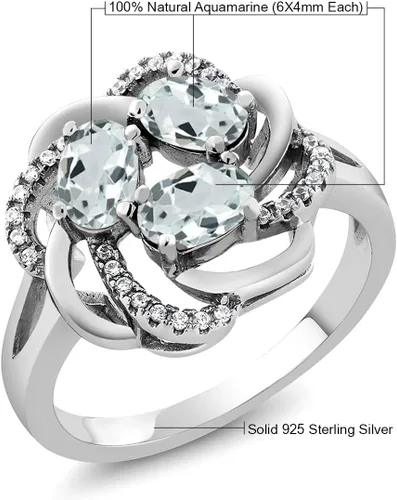 Miniatura 66 de Gem Stone King Flower Blossom Gemstone Birthstone Ring in 925 Sterling Silver 3-Stone Oval 6X4MM with Sparkling Accents Wedding Anniversary
