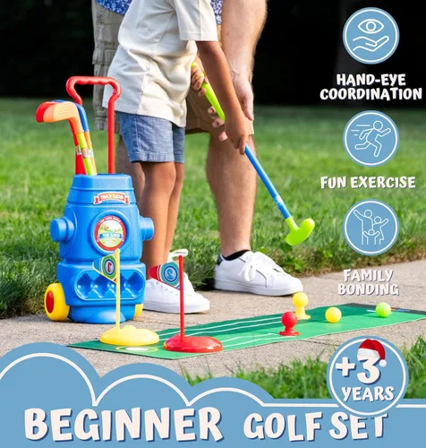 Miniatura 3 de ToyVelt Juego de golf para niños pequeños, palos de golf para niños con 6 pelotas, 4 palos de golf, 2 agujeros de práctica y una alfombrilla de Azul