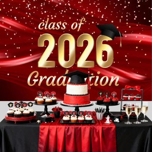 Miniatura 5 de Telón de fondo de 5 x 3 pies para fotografía de graduación de la clase dorada de 2026, gorra de soltero negra, tela de seda de lujo roja