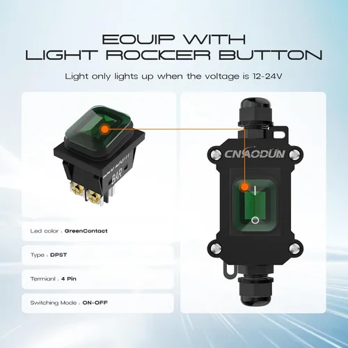 Miniatura 3 de Interruptor de línea impermeable, CNAODUN 12V DC 20A interruptor de palanca de encendido/apagado con botón basculante de luz verde DPST doble salida