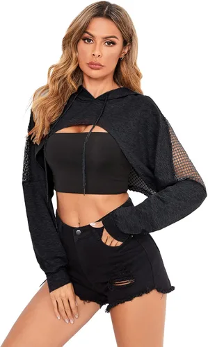 Miniatura 5 de Verdusa Sudadera corta con capucha y cordón para mujer con hombros caídos de red transparente