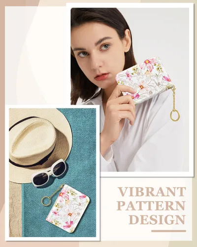 Miniatura 7 de Rouidr Tarjetero de crédito para mujer, pequeña cartera organizadora de tarjetas RFID delgada con cremallera y llavero, Elegante diseño floral.