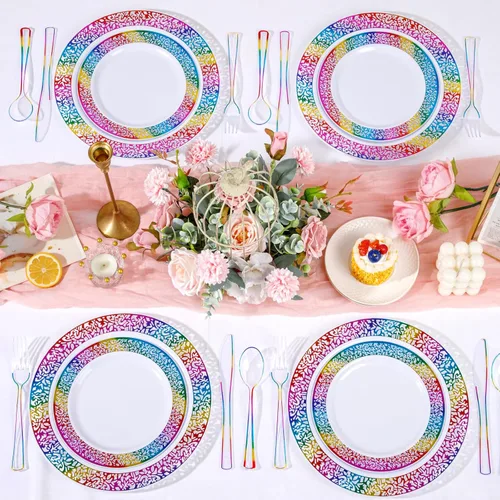 Miniatura 7 de Supernal 120 PCS Cubiertos de Plástico Transparente Resistentes – Utensilios Desechables Juego de Cubiertos Coloridos Arcoíris Incluye 40 Tenedores