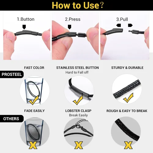 Miniatura 16 de PROSTEEL Collar de cuero impermeable para hombre, 0.079 in/0.118 in, 16 a 30 pulgadas, con cierre de acero inoxidable, cadena de bricolaje