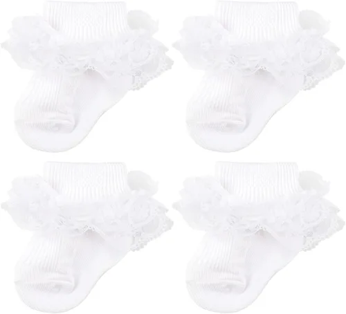 AQOKKA Paquete de 4 calcetines de encaje con ojales y volantes, calcetines de encaje para recién nacidos, niños pequeños, con volantes de verano,