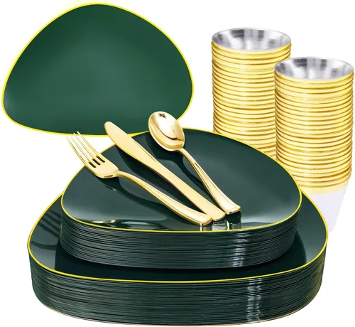 DaYammi 180 platos de plástico verde, platos desechables de oro verde con cubiertos dorados que incluye: 30 platos llanos, 30 platos de postre, 90