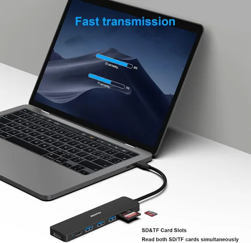 Miniatura 5 de BENFEI HUB USB C 7 en 1, Adaptador HUB Multipuerto USB-C con HDMI (Certificado 4K @ 60Hz)/Entrega de energía de 100W/3*USB 3.0 5Gbps/Lector de Negro