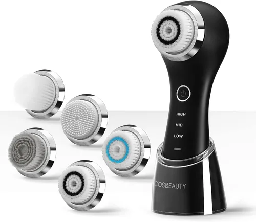 COSBEAUTY Cepillo de limpieza facial sónico, exfoliante suave, cepillo de limpieza profunda, limpiador facial eléctrico con 5 cabezales de cepillo,