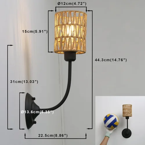 Miniatura 2 de Yosoan Juego de 2 lámparas de pared de ratán estilo bohemio envueltas, lámparas de estilo granja vintage con cableado fijo dorado, trenzado de latón