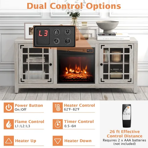 Miniatura 5 de GOFLAME Soporte de TV con chimenea de 58 pulgadas para televisores de hasta 65 pulgadas, consola de TV de madera con chimenea eléctrica de 18 Natural