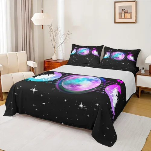 Miniatura 11 de Erosebridal Juego de sábanas tamaño individual con estampado de luna, diseño de flores de loto, color morado degradado, juego de sábanas orientales