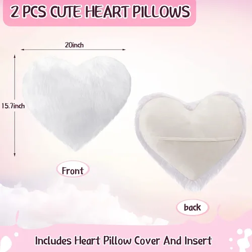 Miniatura 4 de Enhon 2 almohadas esponjosas de corazón de piel sintética en forma de corazón, almohadas de felpa suaves de 20 x 15.7 pulgadas, almohadas con Blanco