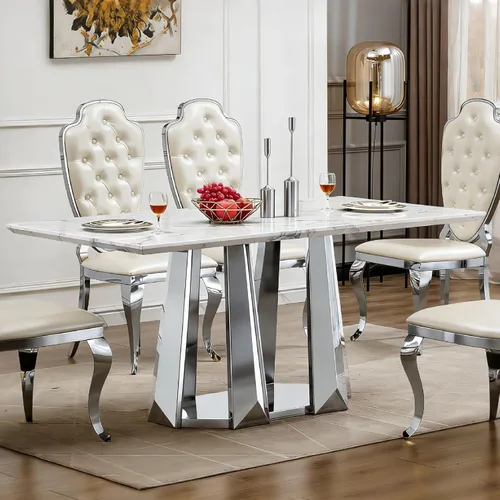 Miniatura 14 de Mesa de comedor redonda de 47 pulgadas, mesa de cocina redonda moderna de mediados de siglo para 4 a 6 personas, mesa de mármol sintético de alto