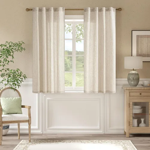 Miniatura 28 de JINCHAN Cortinas de lino para sala de estar o dormitorio, con estampado a rayas verde salvia sobre beige, rayas delgadas que filtran la luz