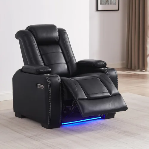 THSUPER Silla reclinable Power Theater de cuero marrón con almacenamiento de brazos y luces LED, reclinable con reposacabezas eléctrico y portavasos