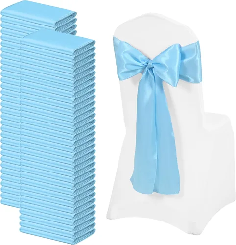 Miniatura 24 de 72 bandas de satén para silla, color azul bebé, lavables y reutilizables, fundas universales para silla, suministros para atar en la espalda