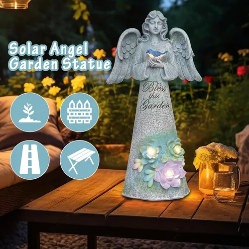 Miniatura 5 de Estatua de jardín de ángeles, decoración al aire libre, jardín de ángel sosteniendo pájaro con luces solares, regalos de jardinería para mamá