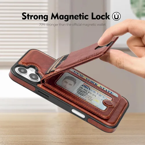 Miniatura 7 de SkyEagle Magsafe - Funda tipo cartera desmontable 2 en 1 para iPhone 16 Plus con tarjetero para mujeres y hombres, bloqueo magnético, de piel Marrón