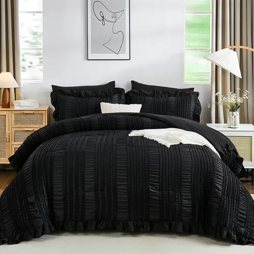 Miniatura 15 de Juego de edredón Queen de WONG BEDDING, edredón blanco y lindo con volantes para cama Queen, juego de 7 piezas en una bolsa, juego de cama