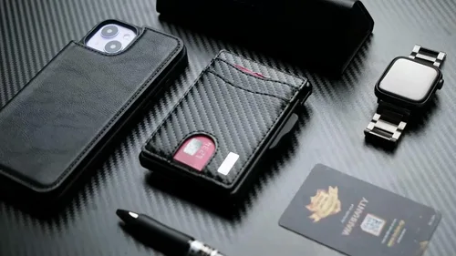 Miniatura 7 de umoven Cartera para hombre con clip para dinero, ranuras de cuero delgadas con bloqueo RFID, billetera minimalista plegable, Negro, Minimalista