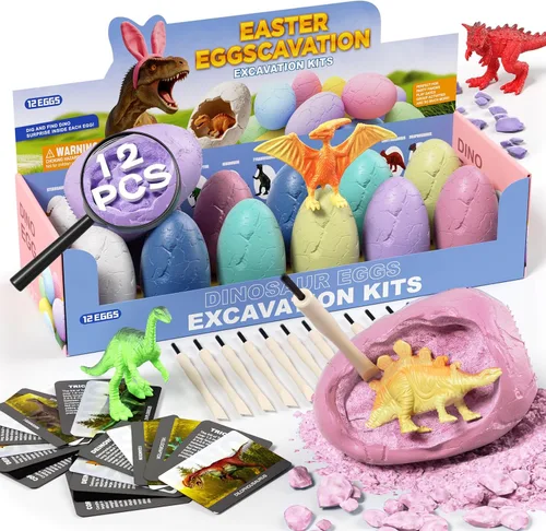 Miniatura 14 de Uregoio Kit de Excavación de 12 Huevos de Dinosaurio Juguetes para Niños, Kit de Excavación Sorpresa de Huevos de Dinosaurio con Lupa, Regalos
