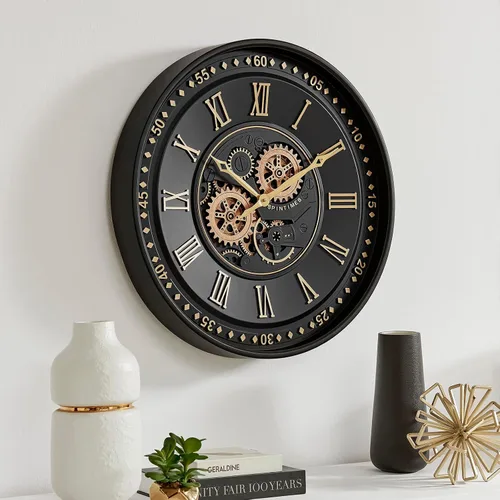 CLXEAST Reloj de pared de 24 pulgadas con engranajes en movimiento, relojes de pared dorados negros con números romanos para decoración moderna de