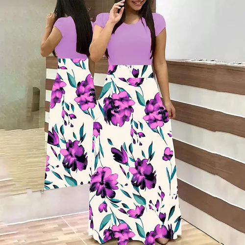 Miniatura 2 de NIUQI Vestido largo con estampado floral para mujer cintura imperio cuello redondo patchwork estampado