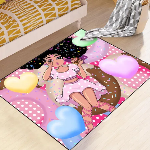 Miniatura 26 de Alfombra de área para dormitorio de niñas negras africanas, alfombra para sala de estar, sala de juegos, azul, lindo anime de dibujos animados