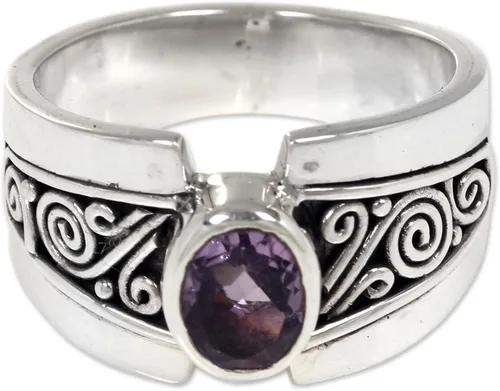 NOVICA Anillo artesanal hecho a mano con amatista de plata de ley 925 con piedra natal púrpura de Indonesia 'Purple Karma'