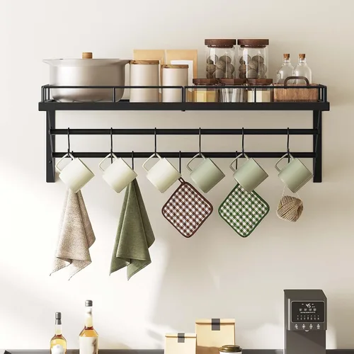 Miniatura 2 de YATINEY Estante para ollas, estante de pared de 30 pulgadas, organizador de ollas y sartenes de cocina con rieles colgantes de 2 niveles, 12 ganchos