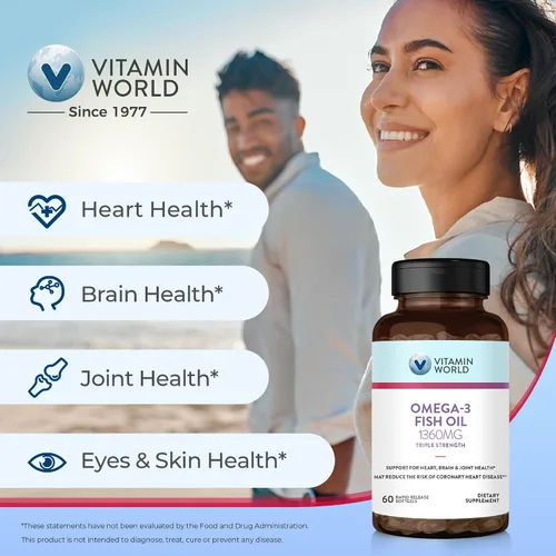 Miniatura 4 de Vitamin World Suplemento de aceite de pescado Omega 3 Triple Strength de 1360 mg, 950 mg de ácidos grasos omega-3 activos con EPA y DHA, apoya