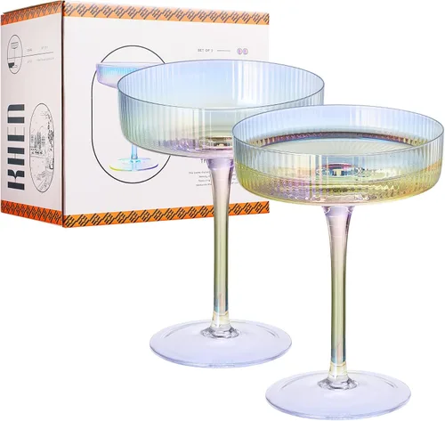 Miniatura 14 de Khen Copas Coupe Vintage Art Déco Acanaladas - Copas Acanaladas para Martini, Champán y Cóctel de 8 oz Bonitos Juegos de Cristalería - Cristalería