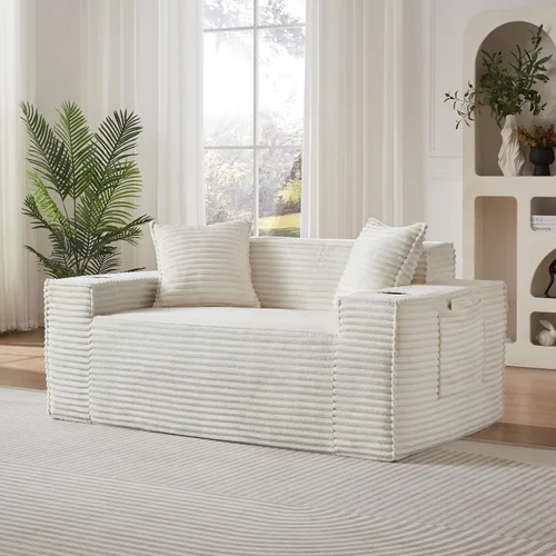 Miniatura 49 de Sofá sin hueso de 66.5 pulgadas con portavasos y bolsillos laterales, sofá biplaza tapizado de tela de pana moderna con 2 almohadas para sala