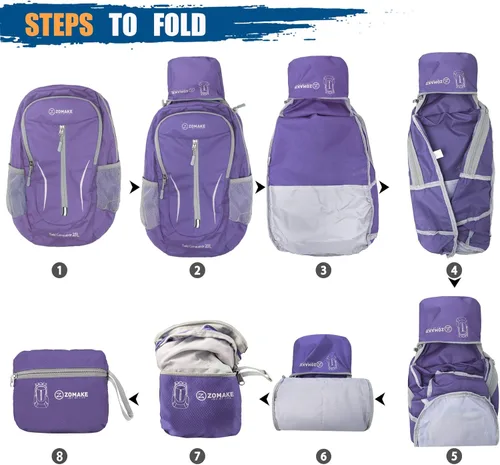 Miniatura 6 de ZOMAKE Mochila Empacable Ultraligera de 25L, Mochilas de Senderismo Plegables Resistentes al Agua Mochila Diurna Plegable Pequeña para Viajes Púrpura