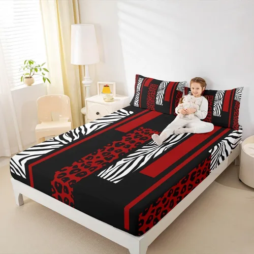 Miniatura 3 de Sábana bajera ajustable con estampado de leopardo, tamaño individual, juego de ropa de cama rústica con rayas de piel de cebra, decoración