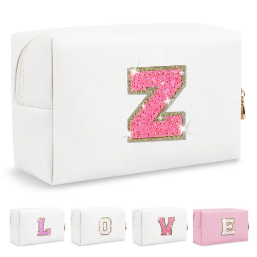 Miniatura 438 de Pequeña bolsa de maquillaje personalizada con inicial A-Z Preppy Patch, bolsa de cosméticos de viaje de felpilla blanca con cremallera, bonita bolsa