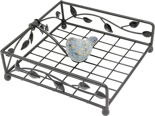 Miniatura 3 de OwlGift Collection - Soporte para servilletas plano de metal con revestimiento negro con pájaro de cerámica, cocina y encimera, organizador