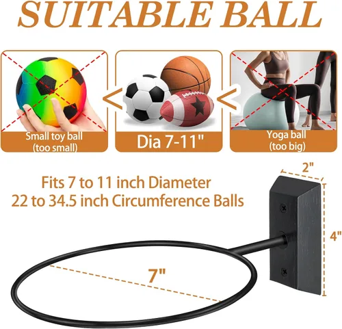 Miniatura 2 de Soporte de pared para baloncesto VIVTOB, soporte de pared para pelota de 7 pulgadas con base de madera maciza de nogal negro y anillo de metal