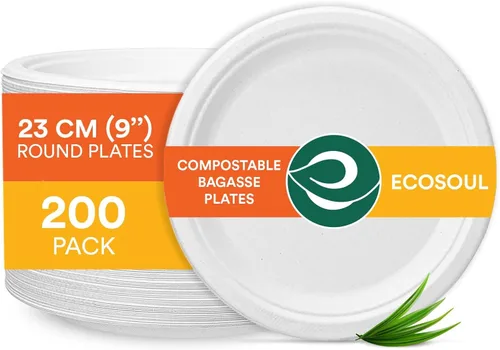 Miniatura 33 de ECO SOUL Compostable Paper Plates 9 Inch, 500 Pack – Heavy Duty Disposable Dinner Paper Plates, White Bagasse, Leak-Resistant, Microwave Safe