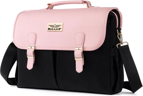 Bolsa de mano para laptop para mujer, bolsa de trabajo de lona de 15.6 pulgadas con 17 bolsillos, color negro y beige, elegante, duradera y ligera