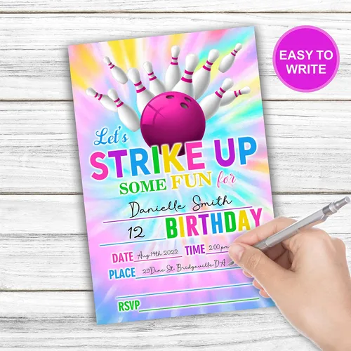 Miniatura 3 de Invitaciones de cumpleaños de bolos de teñido anudado, vamos a entablar algunas divertidas invitaciones de fiesta de cumpleaños para niños